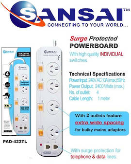 SANSAI 4 Way Surge Protected Power Board with Phone Line Protection